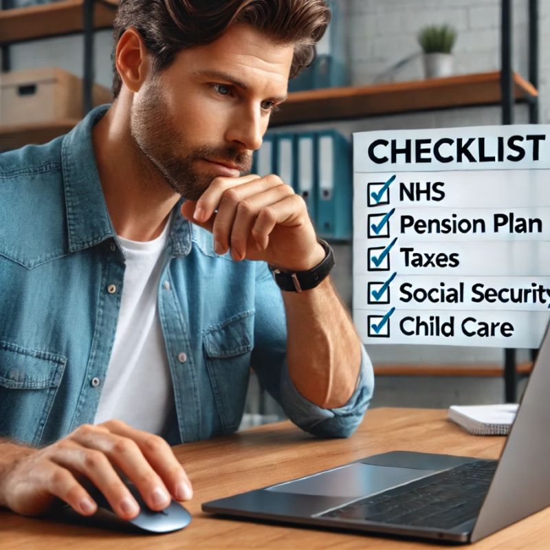 A man focused on working on a computer in a modern office making a checklist: NHS, PENSION PLAN, TAXES, SOCIAL SECURITY, CHILD CARE