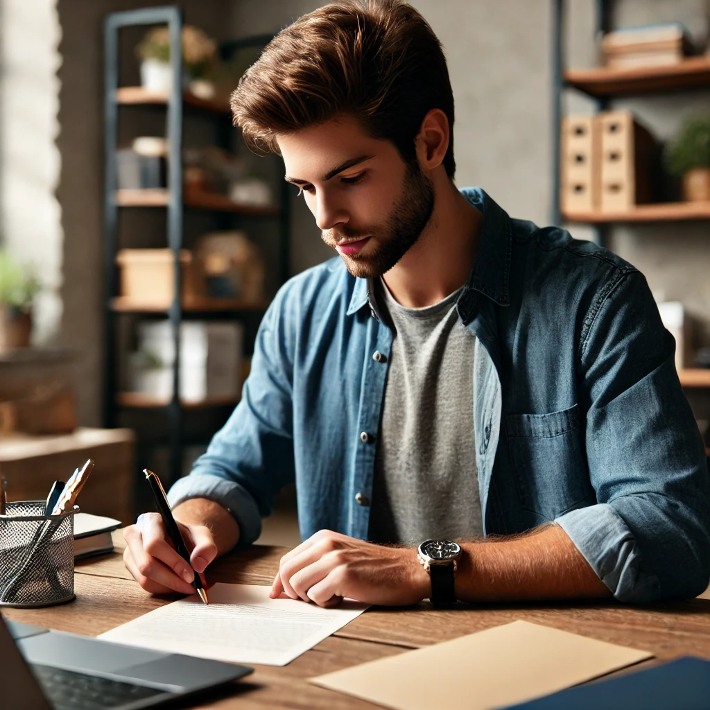 A man focused in an office writing